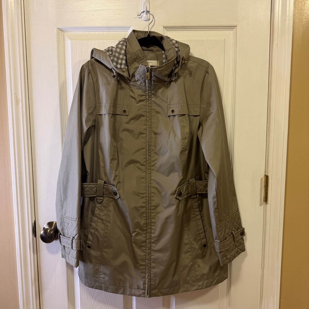 Liz Claiborne New York Women Taupe Hooded Rain Jacket Gingham Quilted Trim Med